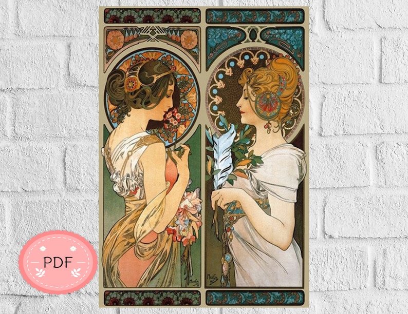 Primrose Cross Stitch Pattern , Alphonse Mucha , Pdf Instant Download , X Stitch Supplies ,, Art Nouveau image 1