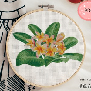 Plumeria Cross Stitch patroon, PDF Instant Download, Floral X Stitch Chart, Torpical bloem en bladeren, aquarel Frangipani, Aloha Hawaii