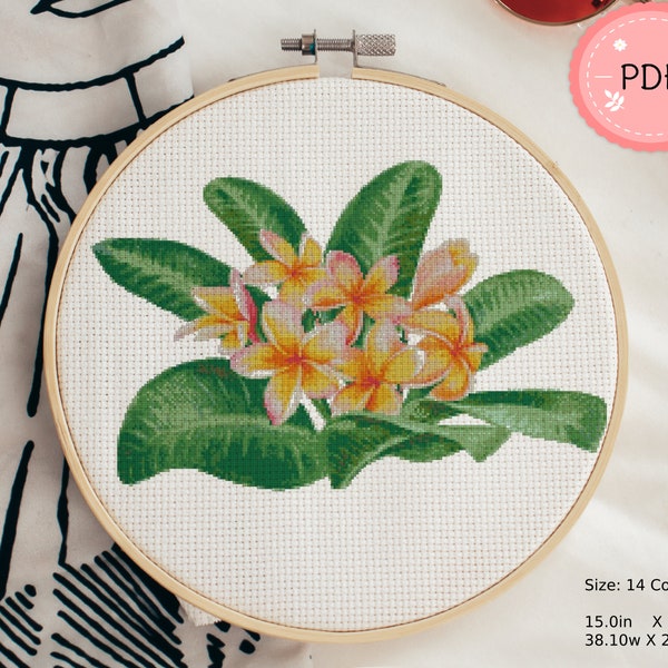 Plumeria Cross Stitch Pattern,  Pdf  Instant Download ,  Floral X Stitch Chart,Torpical Flower And Leaves,Watercolor Frangipani,Aloha Hawaii