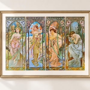 Può includere: Una stampa artistica incorniciata con quattro pannelli verticali, ognuno raffigurante una figura con un abito fluente all'interno di un bordo decorativo ad arco. Le illustrazioni usano una tavolozza di toni pastello, oro e terra con motivi floreali.