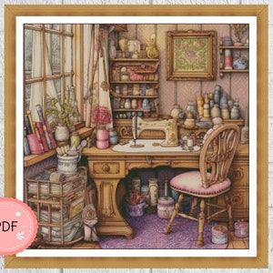 Cross Stitch Pattern,Watercolor,Sewing Room,Pdf,Instant Download,Interior Design,Full Coverage