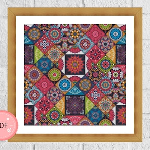 Mandala Cross Stitch patroon, PDF-formaat, X steekdiagram, digitaal bestand, etnische tegels