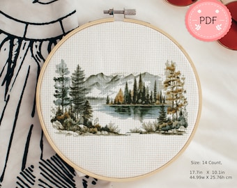 Patrón de punto de cruz de lago y árboles en acuarela (formato PDF)