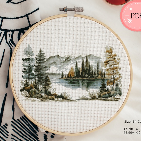 Watercolor Lake And Trees Cross Stitch Pattern ,Pdf Format,Instant Download,Rural Landscape,X Stitch Chart,Forest Scene,Pine Trees