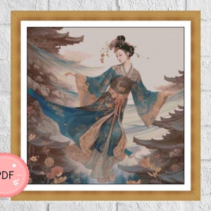 Asian Design Cross Stitch Pattern,Asian Girl In Traditional Cloths,Japanese Art,Instant Download,Oriental Women,Printable Cross Stitch Chart