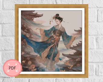 May include: A woman in a blue and gold patterned robe with a long, flowing train, stands on a cloud with a background of a traditional Japanese building. The woman is holding a fan in her right hand and has a serene expression on her face.