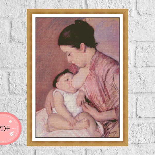 Cross Stitch Pattern,Maternite By Cassatt Mary,Mother Nursing Her Child,X Stitch Chart,Famous Painting,Breastfeeding Of Baby,Full Coverage