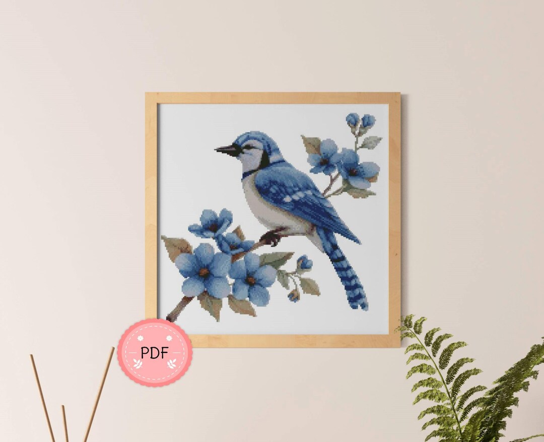 Blue Jay Cross Stitch Pattern: Watercolor Flowers, Nature Art (PDF) - Etsy