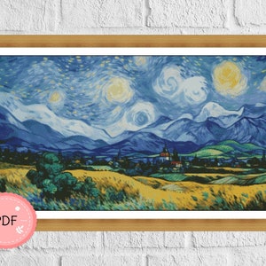Cross Stitch Pattern,Landscape With Starry Sky,Pdf,Instant Download,The Starry Night ,Vincent Van Gogh Inspired,Famous Painting