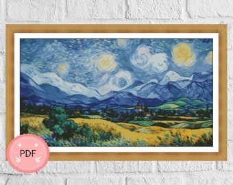 水彩画「星空の夜」森の湖クロスステッチパターン：ゴッホ風風景画 PDF