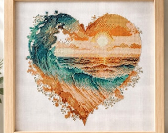 Sunset Beach Heart Cross Stitch Pattern: Ocean Wave,Needlework (PDF),Coastal