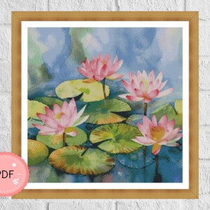 Lotus bloemen Cross Stitch patroon, aquarel, waterlelie, Pdf, Instant Download, Floral Xstitch Chart, Aziatische stijl, volledige dekking