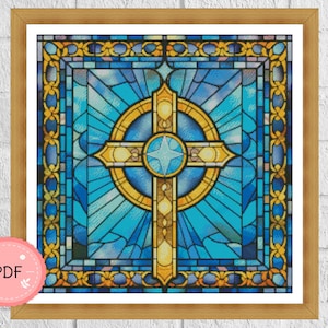 Cross Stitch Pattern,Stained Glass Cross ,Religious,Pdf, Instant Download,X Stitch Chart,Full Coverage,Christianity