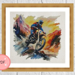 Kreuzstichmuster, Motorrad fahren In den Bergen, Aquarell Motocross, Pdf, Sofort-Download, X-Stich Stickmuster, Dirt Bike, Motorradfahrer