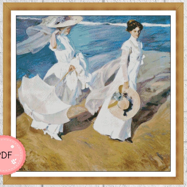 Cross Stitch Pattern,Walk on the Beach By Joaquin Sorolla,Pdf,Instant Download,Famous Paintings,Full Coverage,Sea View