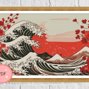Cross Stitch Pattern,The Great Wave off Kanagawa Red, Hokusai Katsushika , Pdf Format,Instant Download , Japanese Art ,Mount Fuji,Ocean Wave
