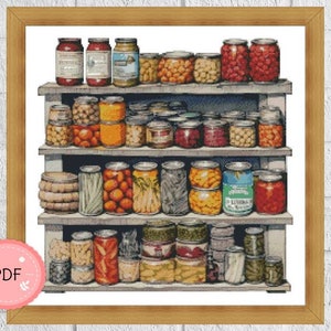 May include: A wooden shelf unit filled with various jars and cans of preserved food. The jars contain a variety of items, including tomatoes, beans, corn, and other vegetables. The shelf unit is painted a light brown colour and has a rustic appearance.