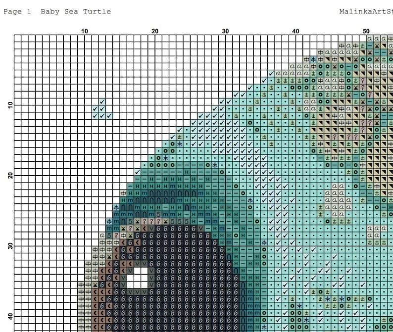 Puede incluir: Un patr&oacute;n de punto de cruz con una cr&iacute;a de tortuga marina. El dise&ntilde;o utiliza una cuadr&iacute;cula con varios s&iacute;mbolos y colores, incluyendo tonos de azul, verde, marr&oacute;n y negro, para crear la imagen. El texto "Page 1 Baby Sea Turtle" est&aacute; en la parte superior.