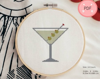 Motif cocktail au point de croix, Mélanges de boissons, Téléchargement instantané PDF, Pour débutants, Drôle, moderne, Dirty Martini, Petit, Une page