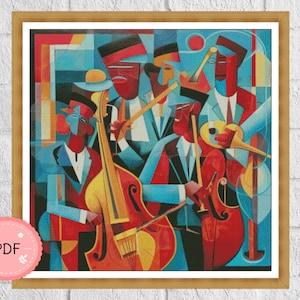 May include: Abstract art print of a jazz band in a wooden frame. The artwork features musicians in suits playing instruments, with a colour palette of red, blue, and yellow. The image includes a PDF icon.