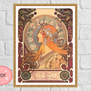May include: A vintage art nouveau print featuring a woman with flowing orange hair, surrounded by a circular design of zodiac symbols and floral motifs. The woman is wearing a crown of flowers and a flowing gown. The print is in shades of orange, yellow, brown, and green.