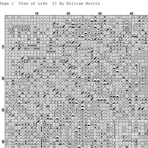 May include: Black and white pixel art design of a tree of life with intricate details. The design is labeled "Tree of Life II By William Morris".