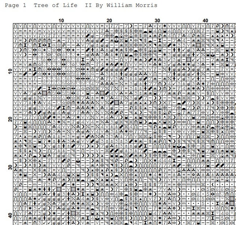 May include: Black and white pixel art design of a tree of life with intricate details. The design is labeled "Tree of Life II By William Morris".