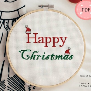Cross Stitch patroon, vrolijk kerstfeest, PDF, Instant Download, X Stitch Chart, kerstseizoen, wintervakantie, kerstmuts, beginnersvriendelijk