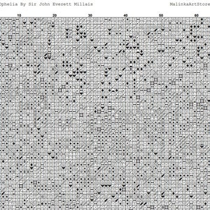 May include: A black and white cross-stitch pattern chart for a painting of Ophelia by Sir John Everett Millais. The chart is divided into a grid of squares, each containing a symbol representing a different color of thread. The chart is labeled "Page 1" and "MalinkaArtStore (2)".