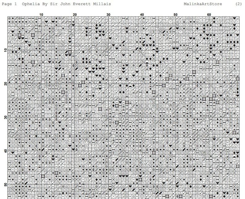 May include: A black and white cross-stitch pattern chart for a painting of Ophelia by Sir John Everett Millais. The chart is divided into a grid of squares, each containing a symbol representing a different color of thread. The chart is labeled "Page 1" and "MalinkaArtStore (2)".