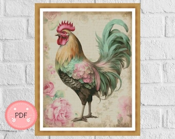 Cross Stitch Pattern , Rooster In Old Paper Design,Villiage Life ,Full Coverage, ,Pdf,X Stitch Chart,Farm Animals,Pink Roses,Colorful