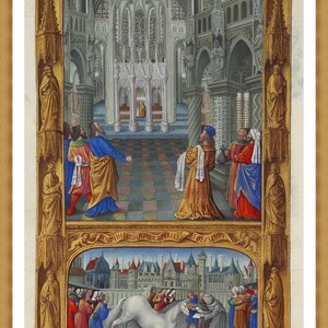 May include: A framed medieval illustration depicting religious scenes. The upper portion shows figures in a cathedral, while the lower section features a town with a white horse. The artwork is rich in color, with gold, blue, red, and brown tones.