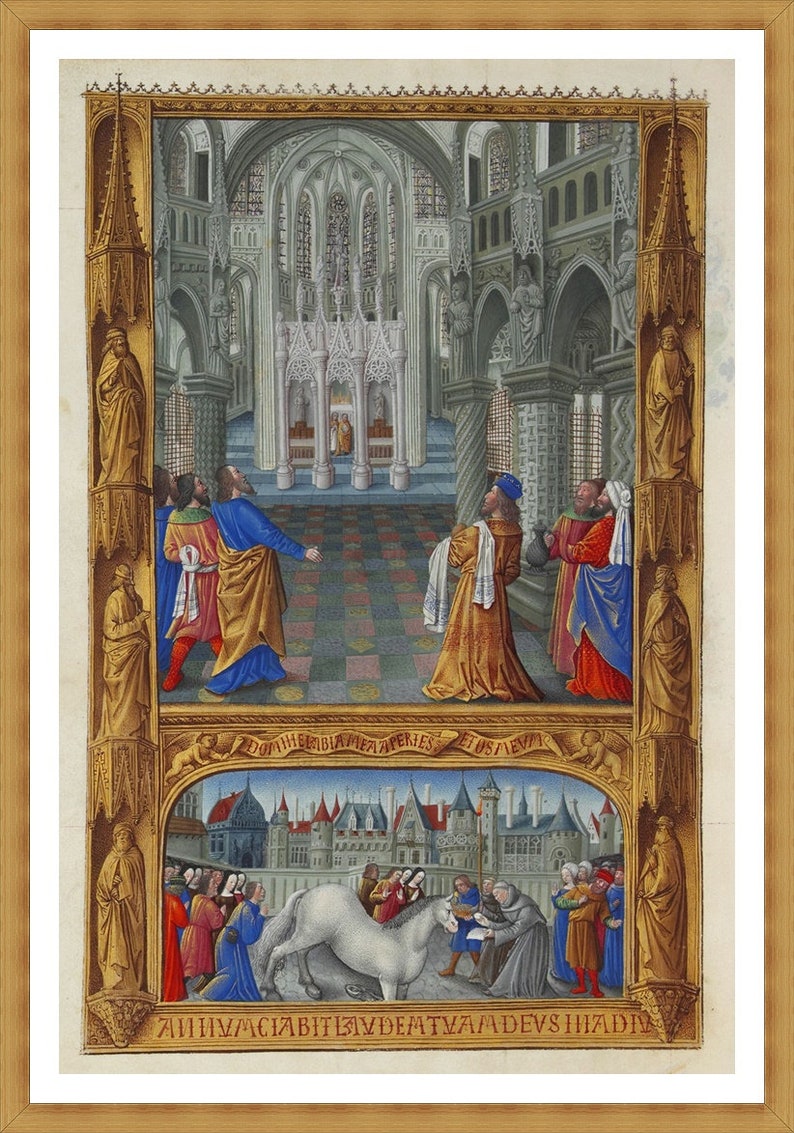 May include: A framed medieval illustration depicting religious scenes. The upper portion shows figures in a cathedral, while the lower section features a town with a white horse. The artwork is rich in color, with gold, blue, red, and brown tones.
