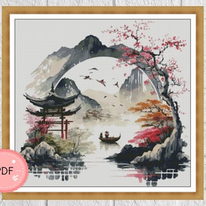 Asian Landscape Cross Stitch Pattern , Japanese Garden , Pdf File , Romantic Couple , Asian Style,Cherry Blossom