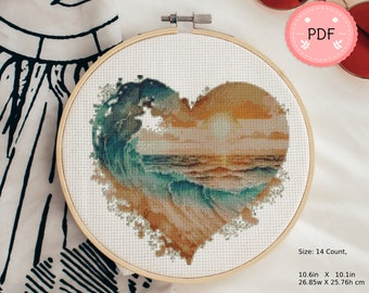 Patrón de punto de cruz "Atardecer en la playa" con forma de corazón: Olas del océano (PDF)