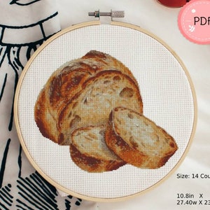 Padrão de ponto cruz, pão italiano, PDF, download instantâneo, gráfico de ponto X, aquarela, trigo, pão caseiro, pão fresco, cozinha