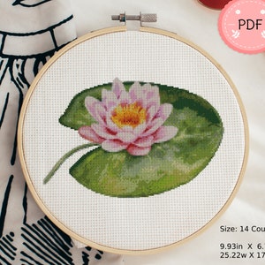 Lotus Cross Stitch Pattern, Water Lily, Pdf , Instant Download , Floral Xstitch Chart, Asian Style