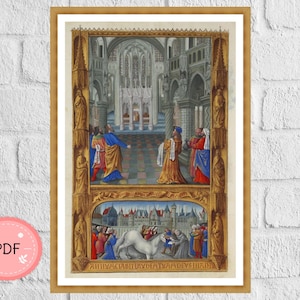 May include: A framed medieval illustration with a gold border. The artwork depicts two scenes: an interior church scene with figures and an exterior scene with a white bull and figures. The word "PDF" is in a pink circle in the lower left corner.