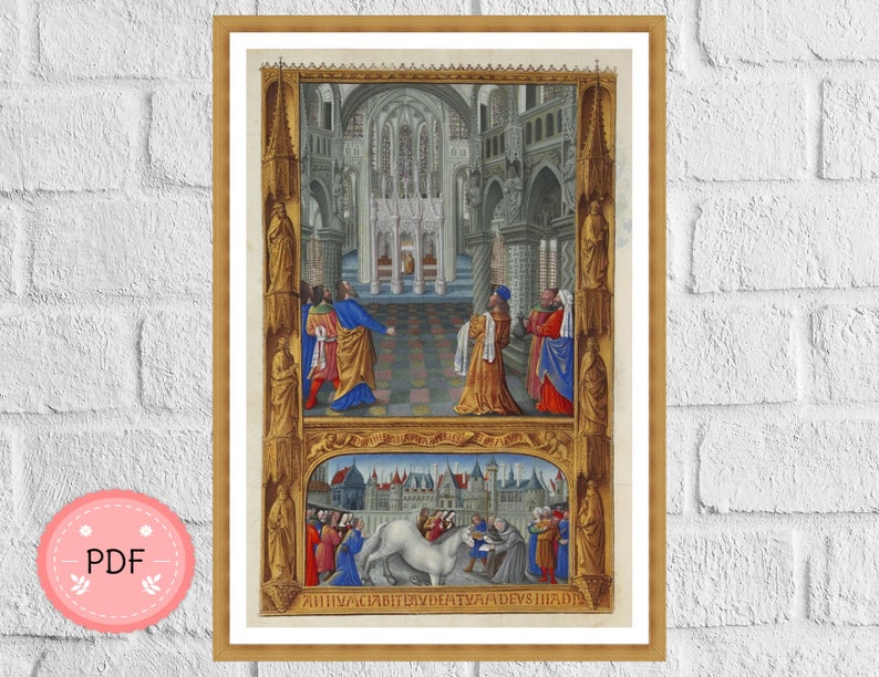 May include: A framed medieval illustration with a gold border. The artwork depicts two scenes: an interior church scene with figures and an exterior scene with a white bull and figures. The word "PDF" is in a pink circle in the lower left corner.
