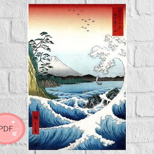 Crashing Waves Ukiyo Cross Stitch Pattern ,Utagawa Hiroshige ,The Sea At Satta Suruga Province,Pdf Instant Download,Mount Fuji,Japanese Art