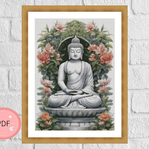 Cross Stitch patroon, Boeddhabeeld in bloementuin, PDF-formaat, Instant Download, X Stitch Chart, religieus, boeddhisme