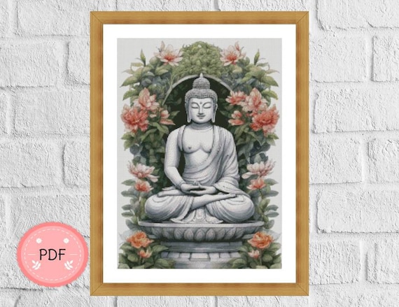 Buddha Statue Cross Stitch Pattern: Floral Garden (PDF Format)