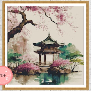 Sakura Garden Cross Stitch Pattern , Japanese Garden , Pdf File,Asian Landscape, Asian Style,Cherry Blossom,Park Scene