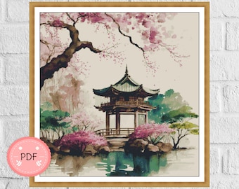 May include: A watercolor painting of a traditional Japanese pagoda surrounded by cherry blossom trees and a pond. The pagoda is a light brown color with a green roof and is surrounded by lush greenery. The cherry blossoms are in full bloom and are a soft pink color. The pond is a deep blue color and reflects the sky and the trees.
