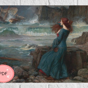 May include: A woman in a blue dress stands on a rocky shore, gazing out at a stormy sea. A ship is wrecked in the distance, with waves crashing against the rocks.