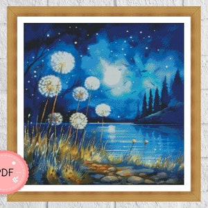 Cross Stitch Pattern,Dandelion And Night Forest View,Mysterious Forest,Instant Download,Nature Landscape,Full Coverage,Starry Night
