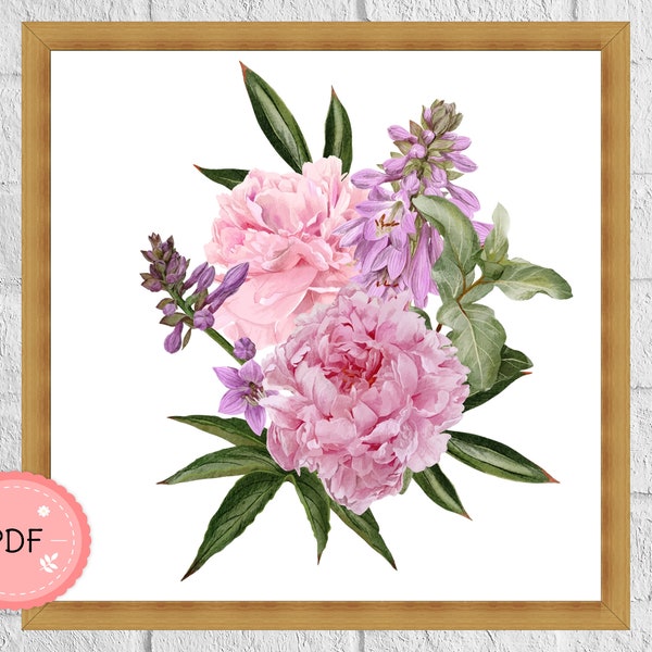 Peonies And Hosta Flowers , Cross Stitch Pattern  , Pdf , Siverberry Branch, Instant Download , Floral Xstitch , , Bouquet ,