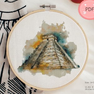 Cross Stitch patroon, Chichen Itza, PDF-formaat,, Instant Download, X Stitch Chart, aquarel, Mexico