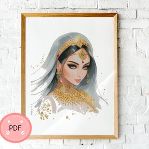 Indiase bruid Cross Stitch patroon, vrouw portret, X steekdiagram, PDF-formaat, Instant Download, oosterse vrouwen