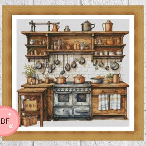 Peut inclure: Une cuisine de style vintage avec un poêle à bois, des armoires en bois et une étagère remplie de divers ustensiles de cuisine. Le poêle est noir avec une bordure blanche et a une grande porte de four. Les armoires sont en bois foncé et ont un aspect rustique. L'étagère est remplie de bocaux, de pots et de casseroles. La cuisine est décorée sur un thème rustique et a une ambiance chaleureuse et accueillante.